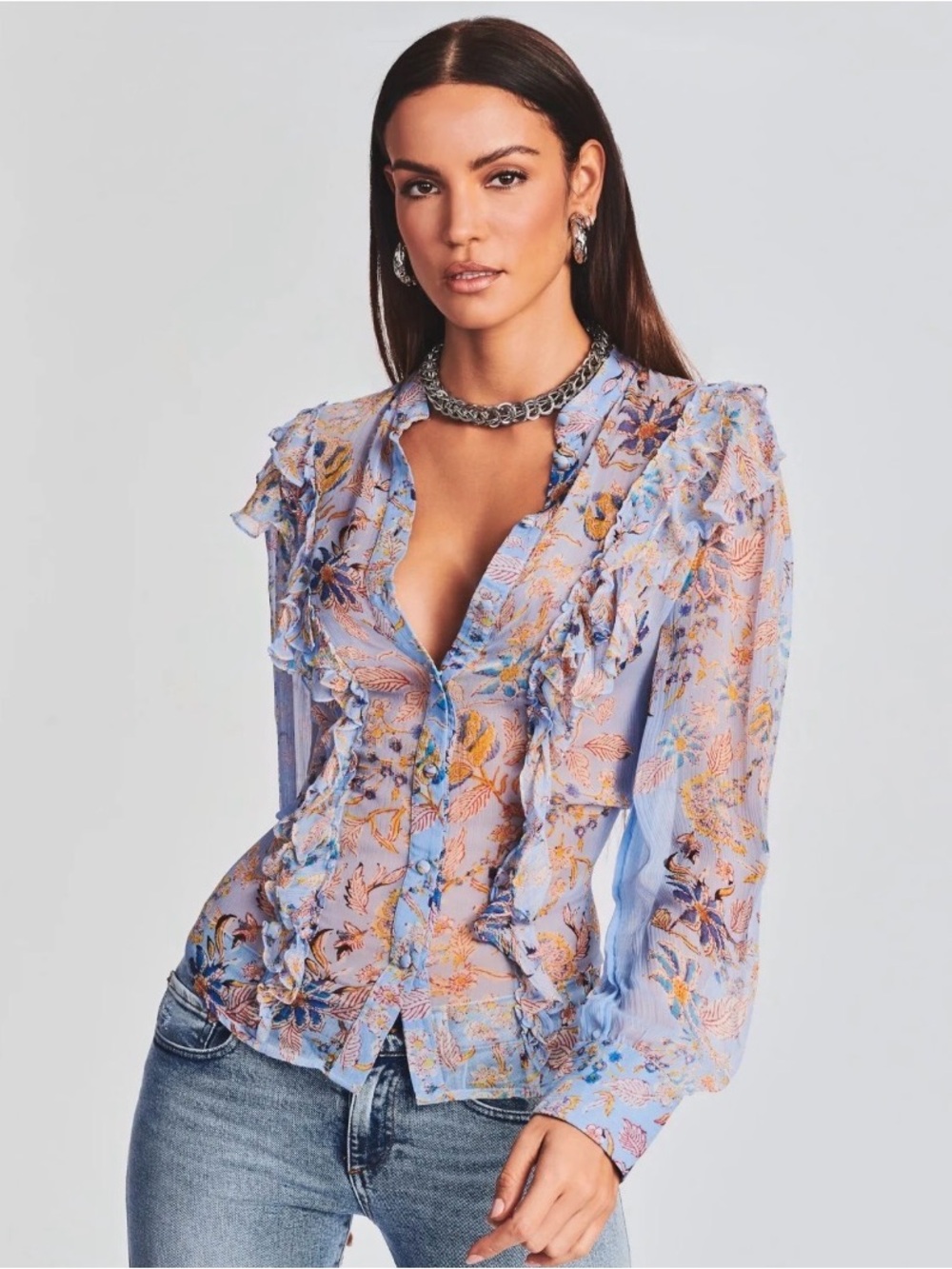 HEMANT & NANDITA Light Blue Floral Ruffle Sheer Blouse